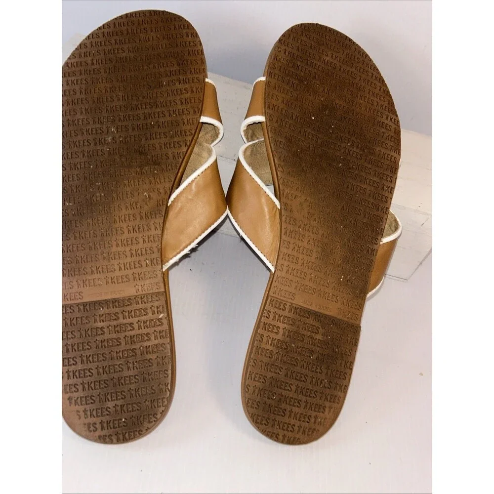 Women's Tkees Sloan Criss Cross Cognac Brown Leather slip on slide sandal sz 10